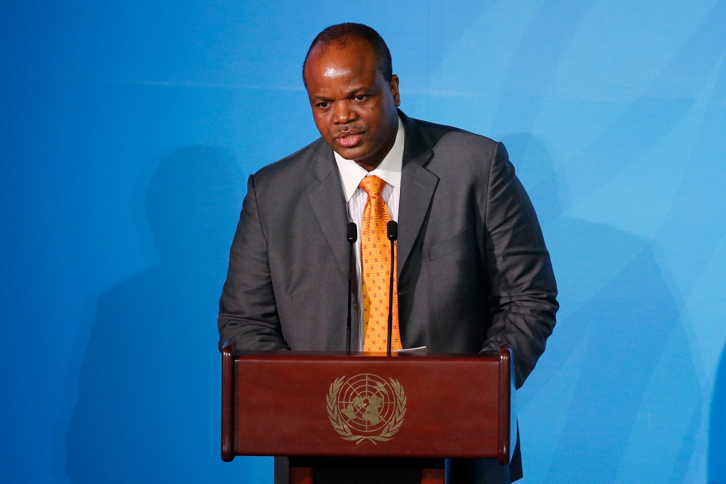 Eswatini's King Mswati III addresses the Climate Action Summit in the United Nations General Assembly at U.N. headquarters, Sept. 23, 2019.