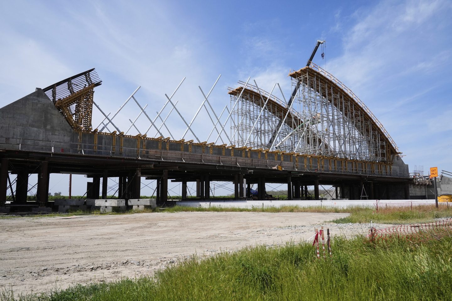 The Tied Arch Bridge construction site, which will take high-speed trains over State Route 43, April 15, 2025, in Fresno County, Calif.