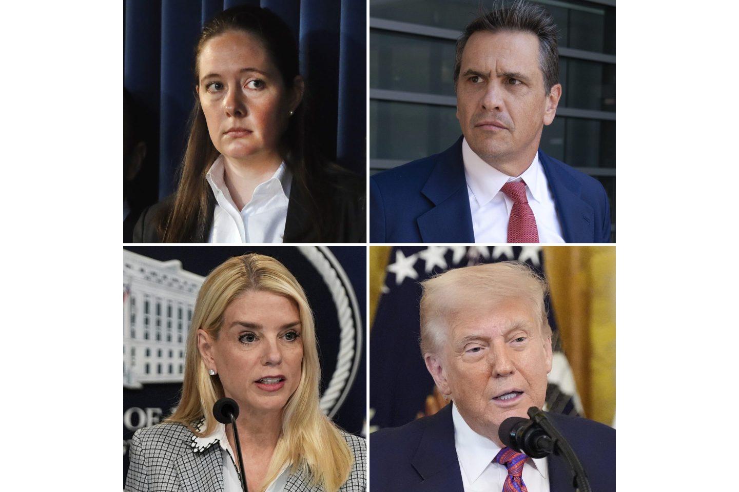 This photo combination shows from top left, former Assistant U.S. Attorney Maurene Comey, attorney Todd Blanche, Attorney General Pam Bondi, and President Donald Trump