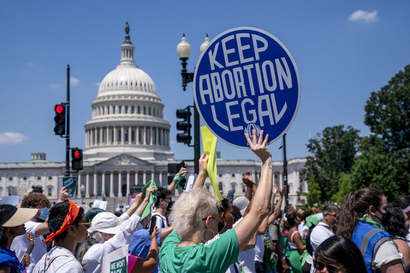 Abortion-rights activists demonstrate against the Supreme Court decision to overturn Roe v. Wade that established a constitutional right to abortion, on Capitol Hill in Washington, June 30, 2022.