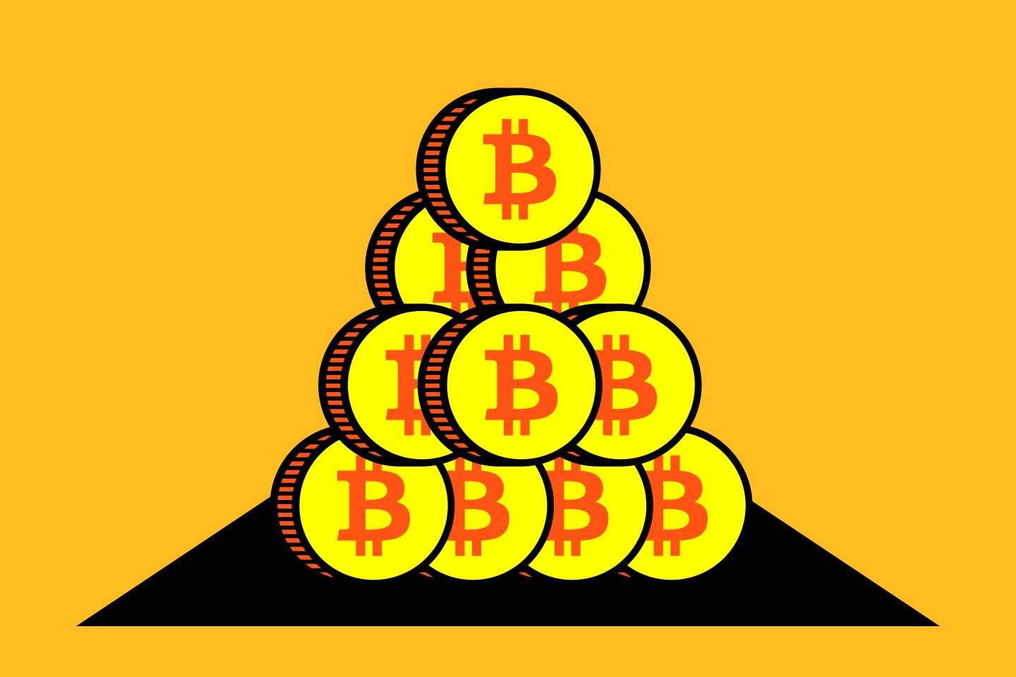 A picture of stacks of coins with the Bitcoin logo.