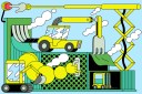 Artistic drawing of the inside of a factory