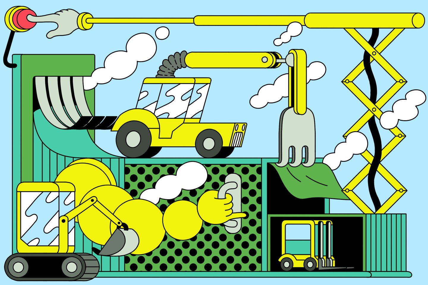 Artistic drawing of the inside of a factory