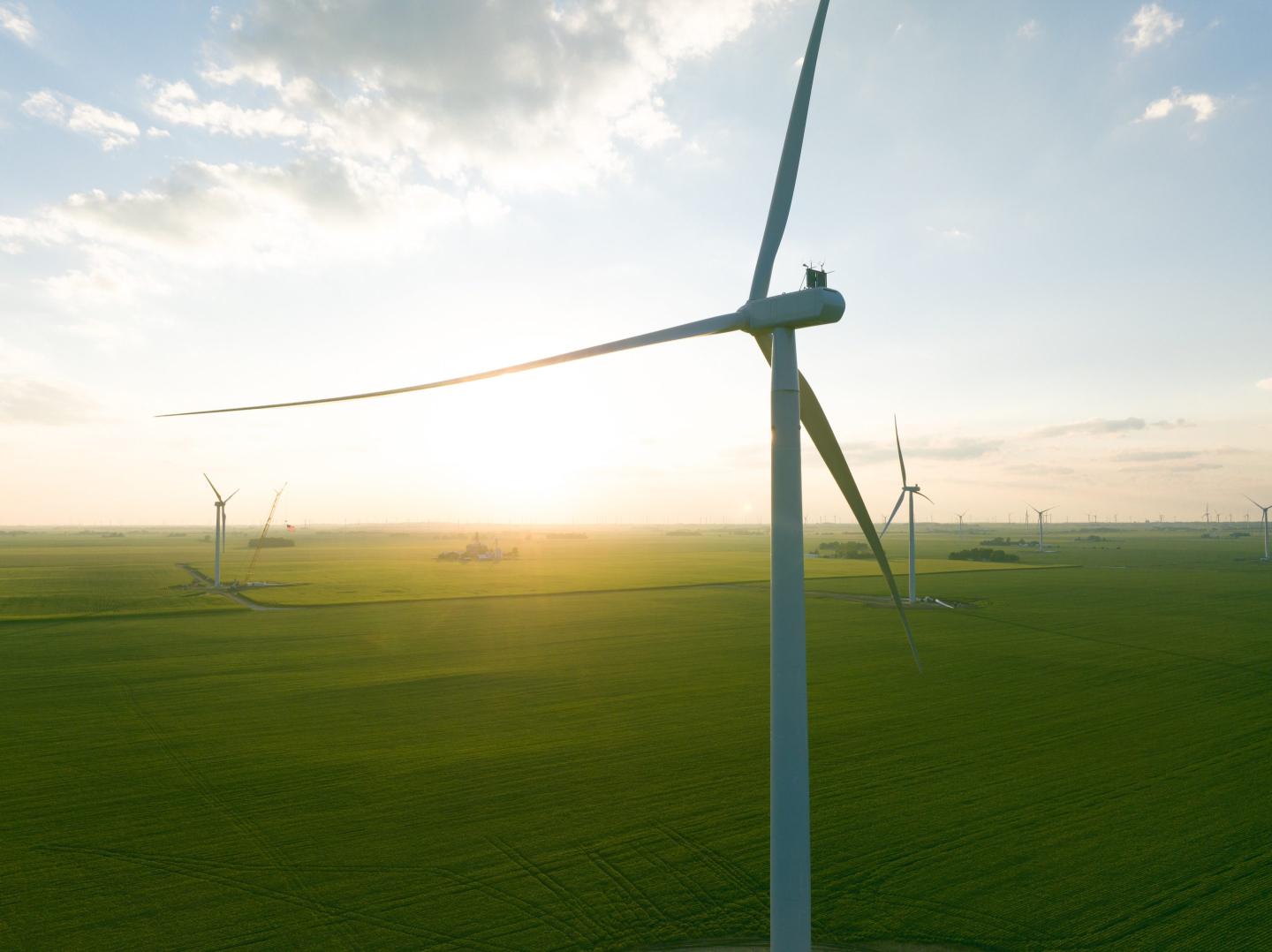 A wind turbine overlooking the sunrise is show at BP's Fowler Ridge wind farm in Indiana.