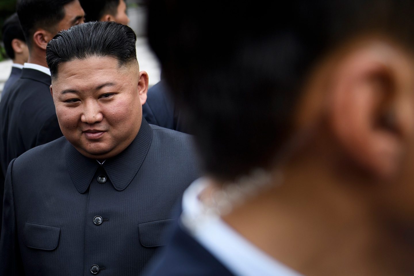 North Korea's leader Kim Jong-un walks to a meeting with US President Donald Trump in the Demilitarized Zone (DMZ) on June 30, 2019, in Panmunjom, Korea.