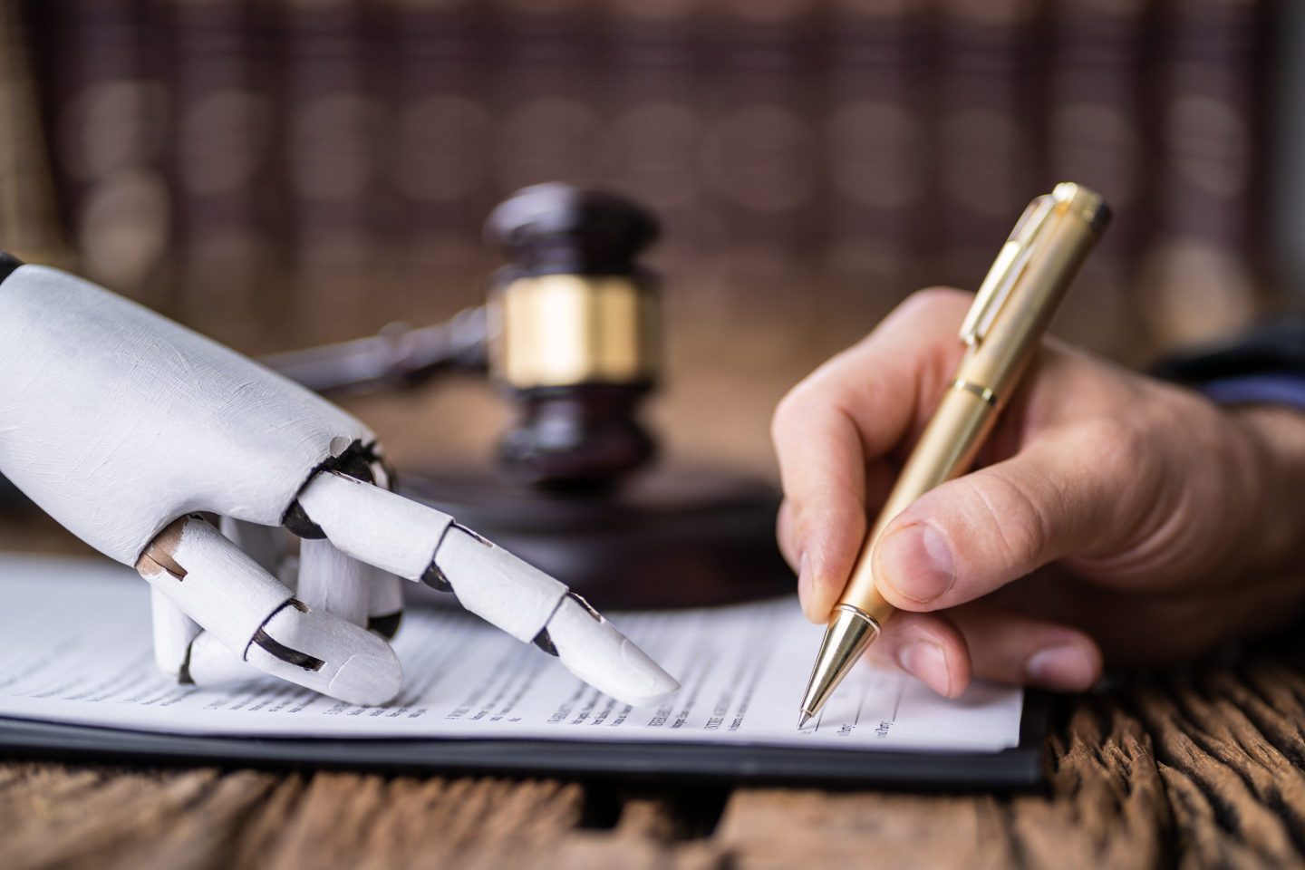 A robot hand with index finger extended pointing at a place for a signature on a contract while a human hand holding a pen prepares to sign. A gavel is visible in the background.