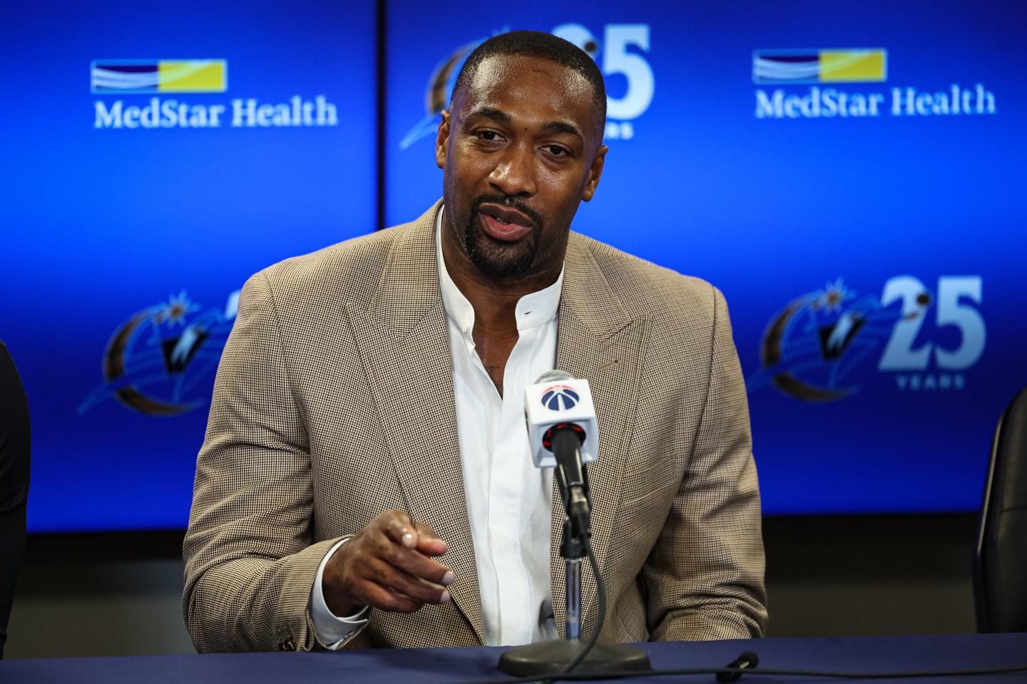 Former Washington Wizards player Gilbert Arenas addresses the media before the game between the Washington Wizards and the Miami Heat at Capital One Arena on November 18, 2022 in Washington, DC.