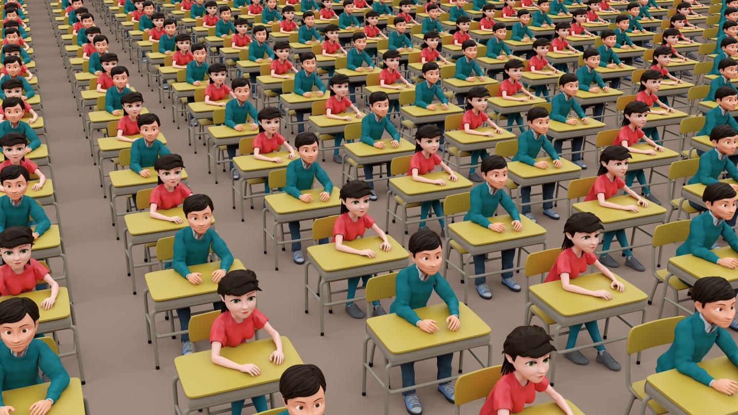 boy and girl cartoon students sitting at desks