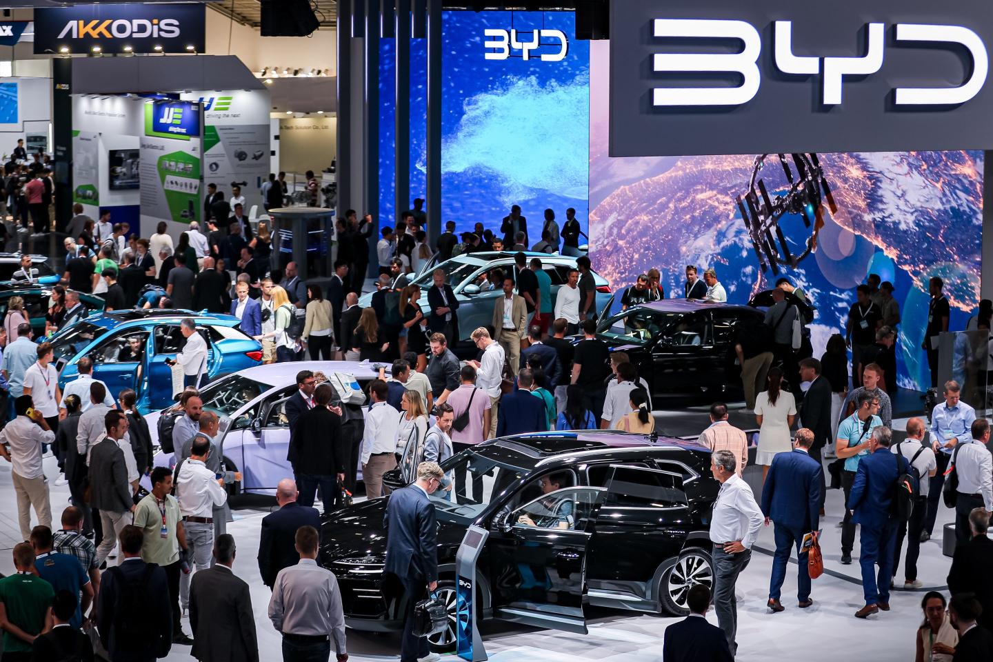Visitors look at electric cars of Chinese car brand BYD at the IAA Mobility 2023 international motor show on September 6, 2023 in Munich, Germany.