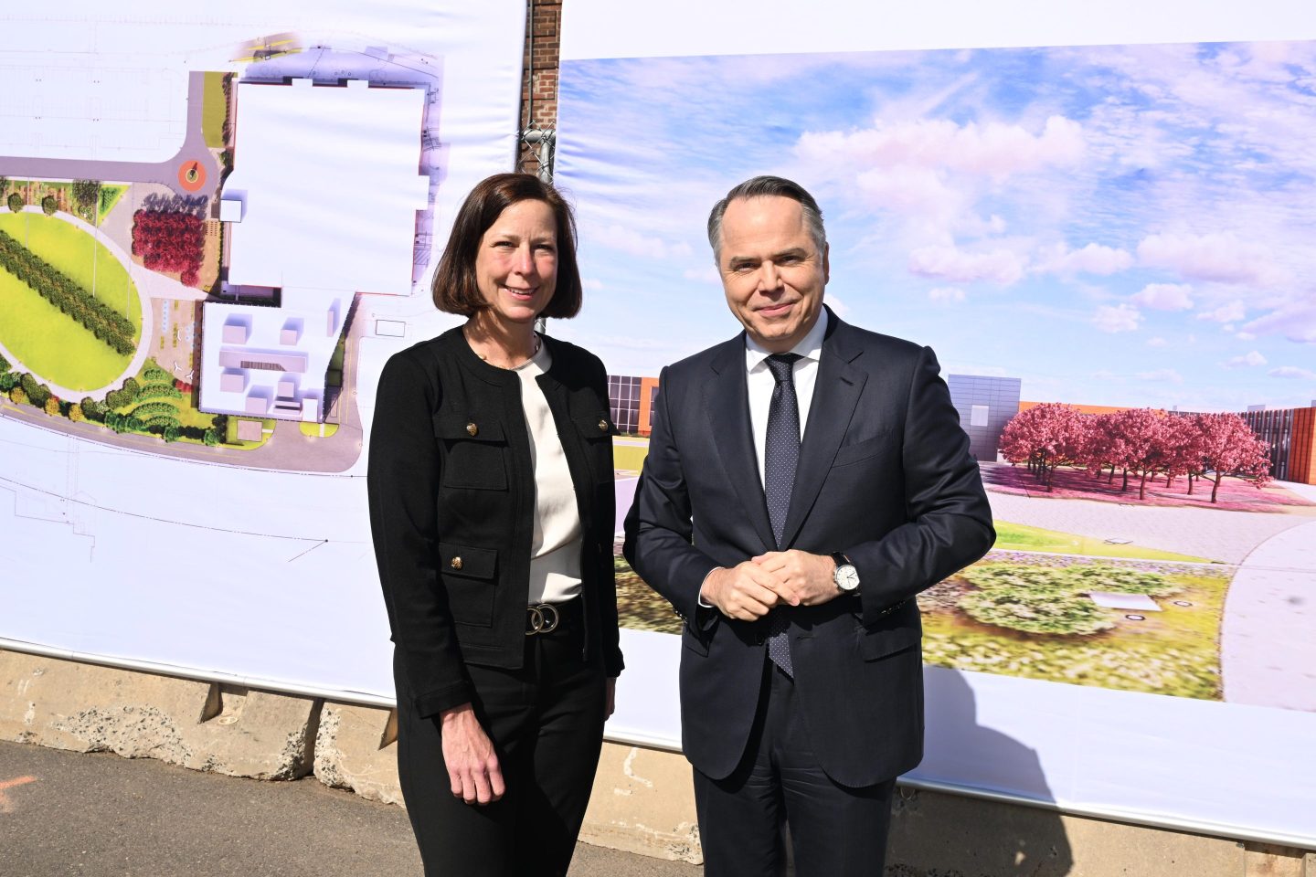 Mayor of Summit, New Jersey Elizabeth Fagan and CEO of Kenvue Thibaut Mongon attend the Kenvue Ground Breaking in Summit, NJ on April 24, 2024 in Summit, New Jersey.