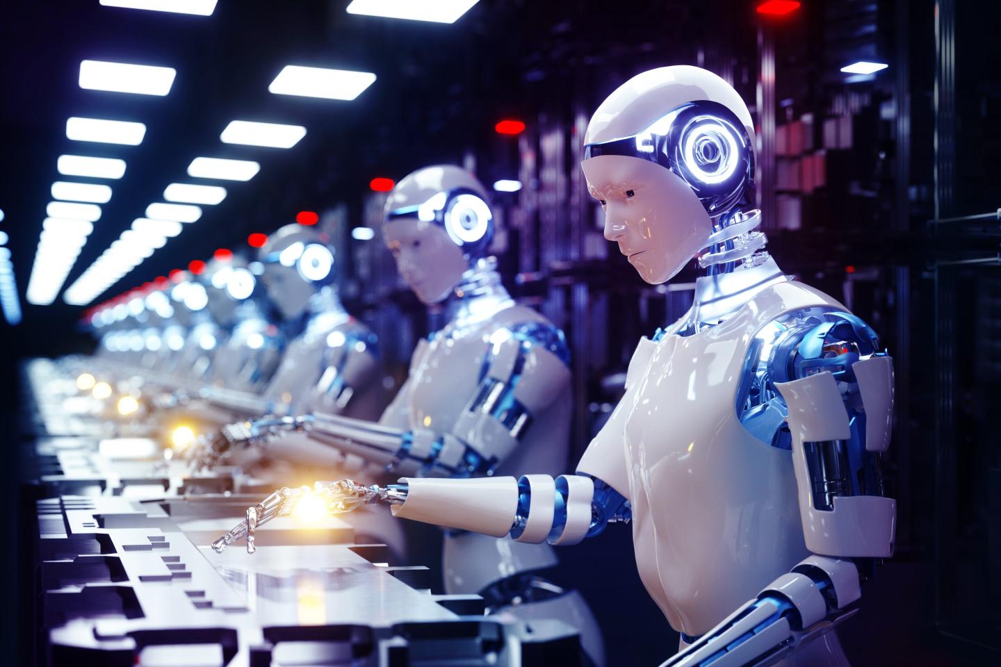 Digital generated image of multiple robots working