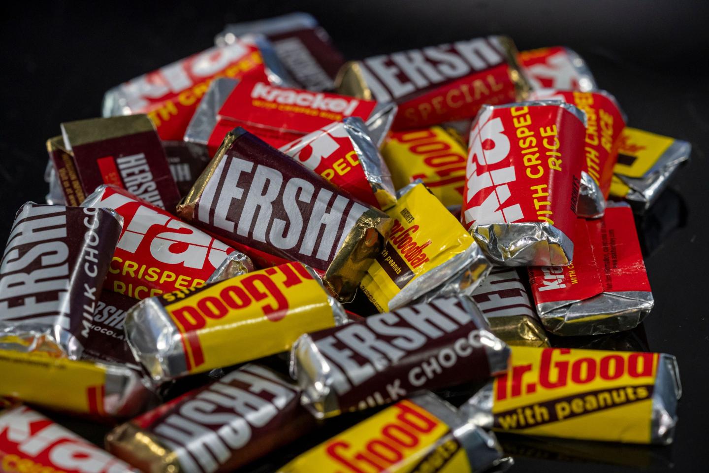 Hershey chocolates in a pile