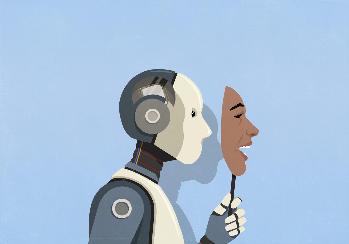 Robot hiding behind happy human face mask