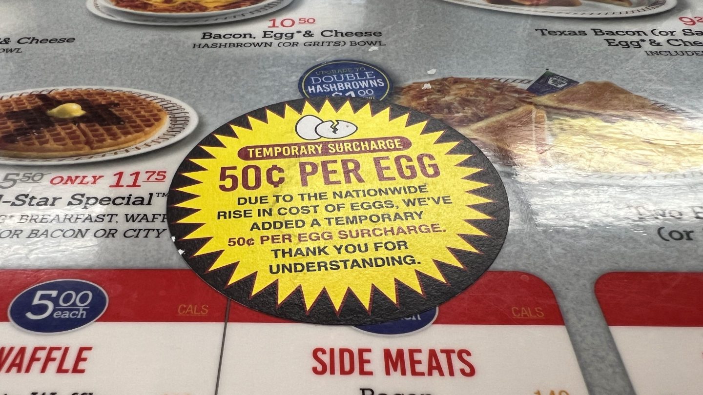 A sticker on a Waffle House menu showing a 50-cent surcharge for eggs