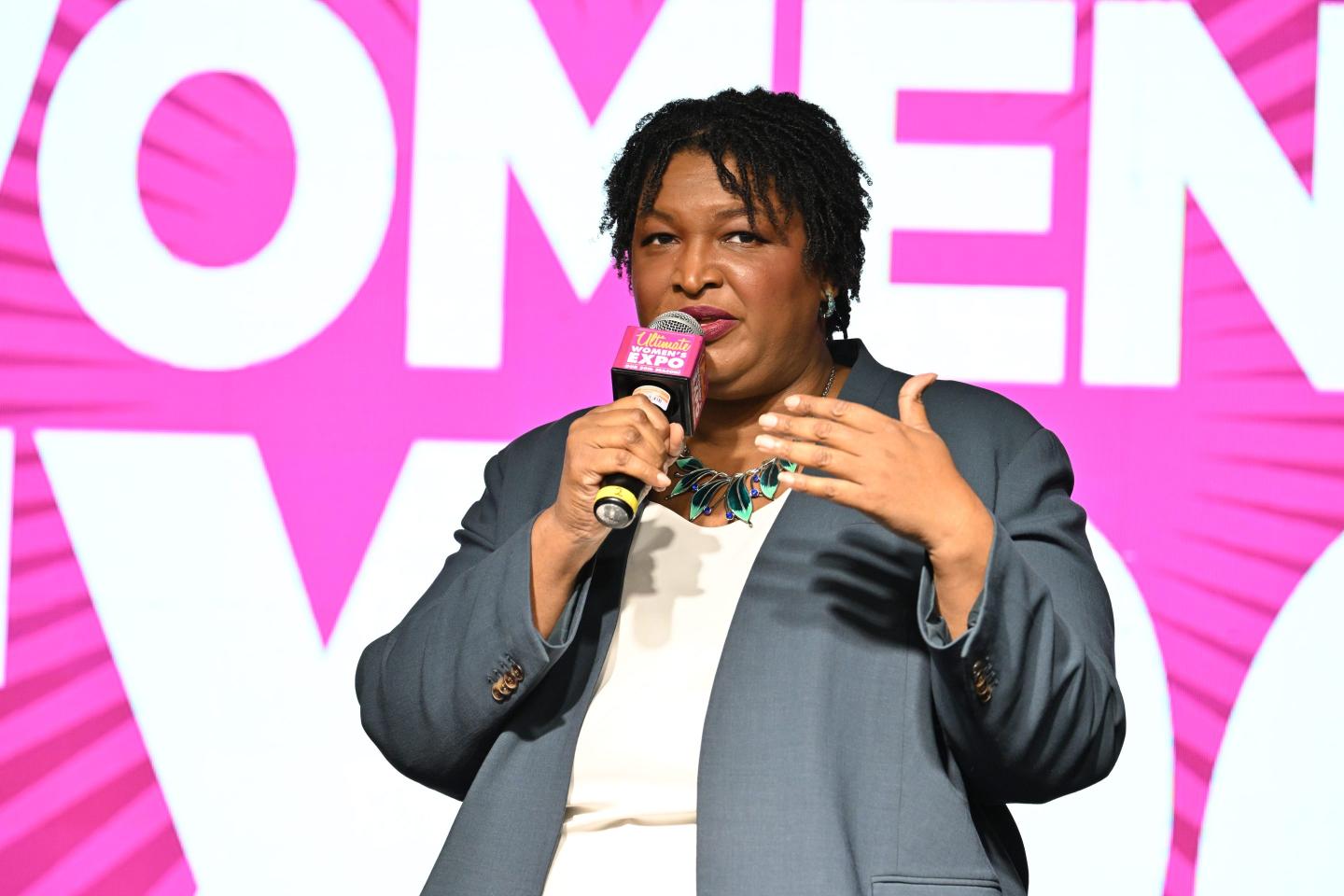 Stacey Abrams speaks onstage during Day 1 of the 2025 Atlanta Ultimate Women's Expo at Gas South Arena on May 03, 2025