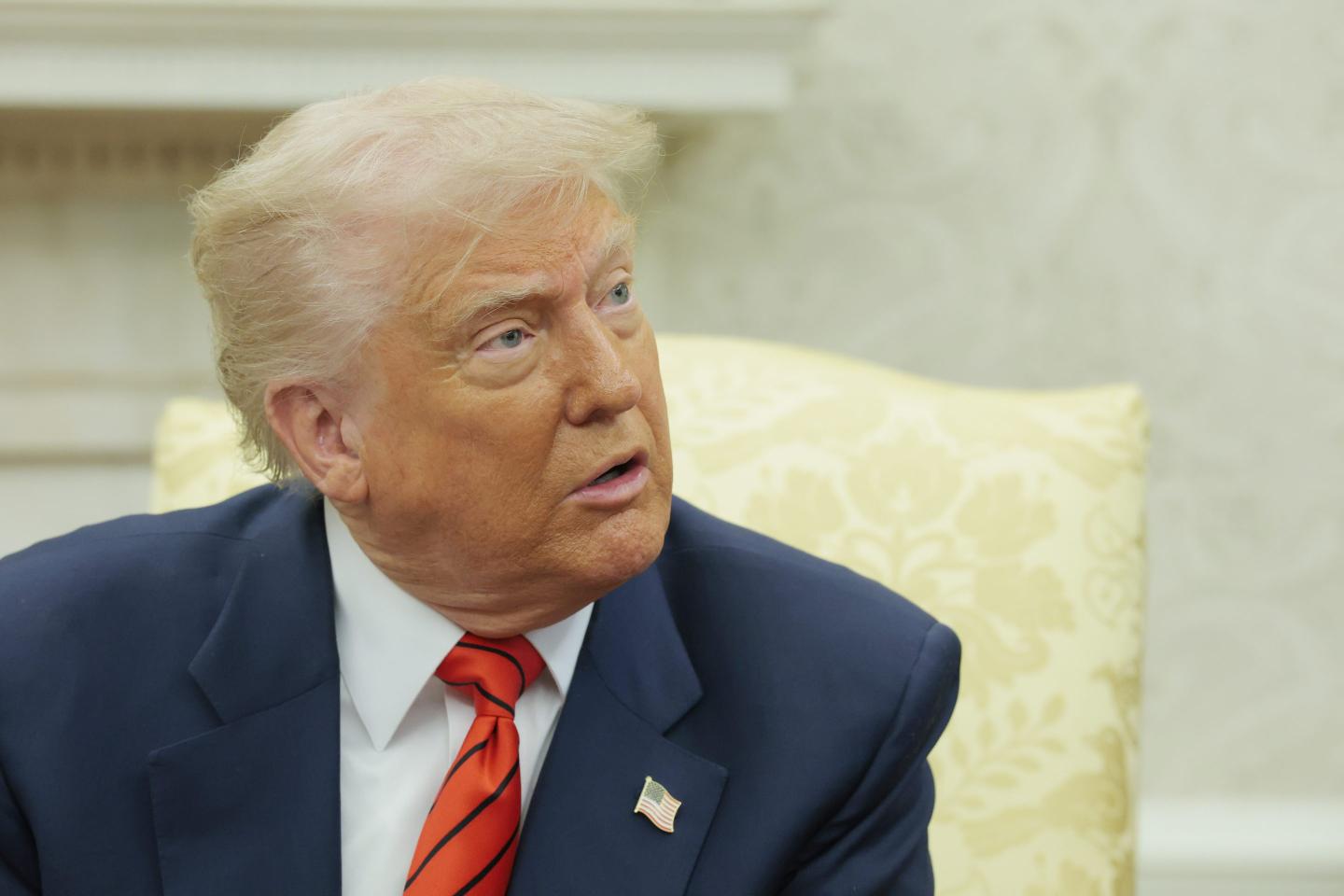 President Donald Trump speaks to reporters alongside Canadian Prime Minister Mark Carney in the Oval Office at the White House on May 6, 2025 in Washington, DC.