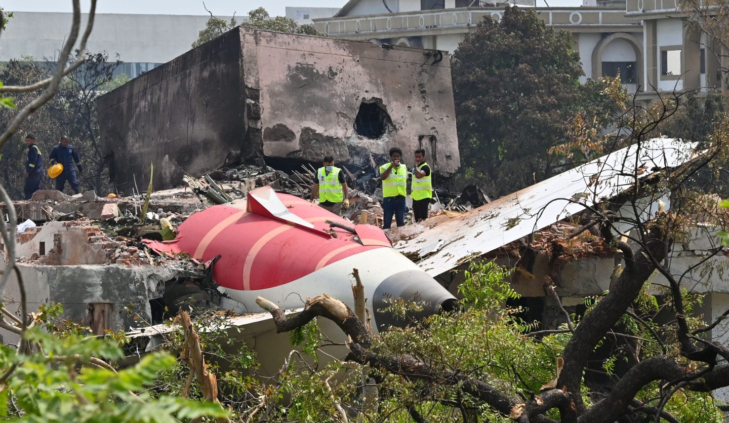 The Air India plane crash site on June 13 in Ahmedabad, India.