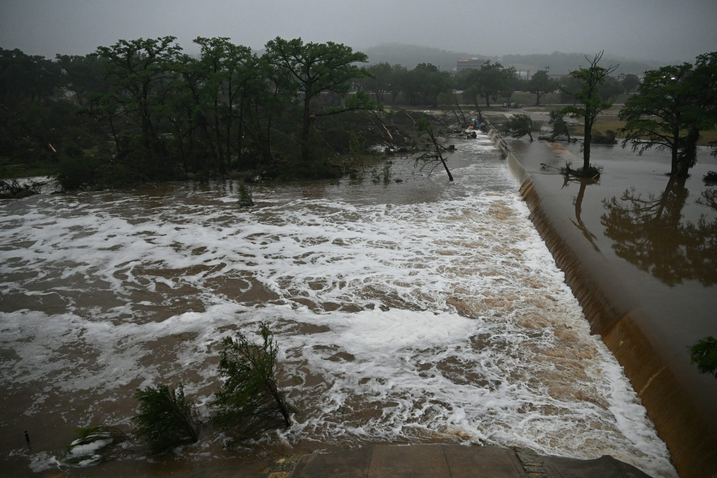 Flooding caused by a flash flood at the Guadalupe River in Kerrville, Texas.