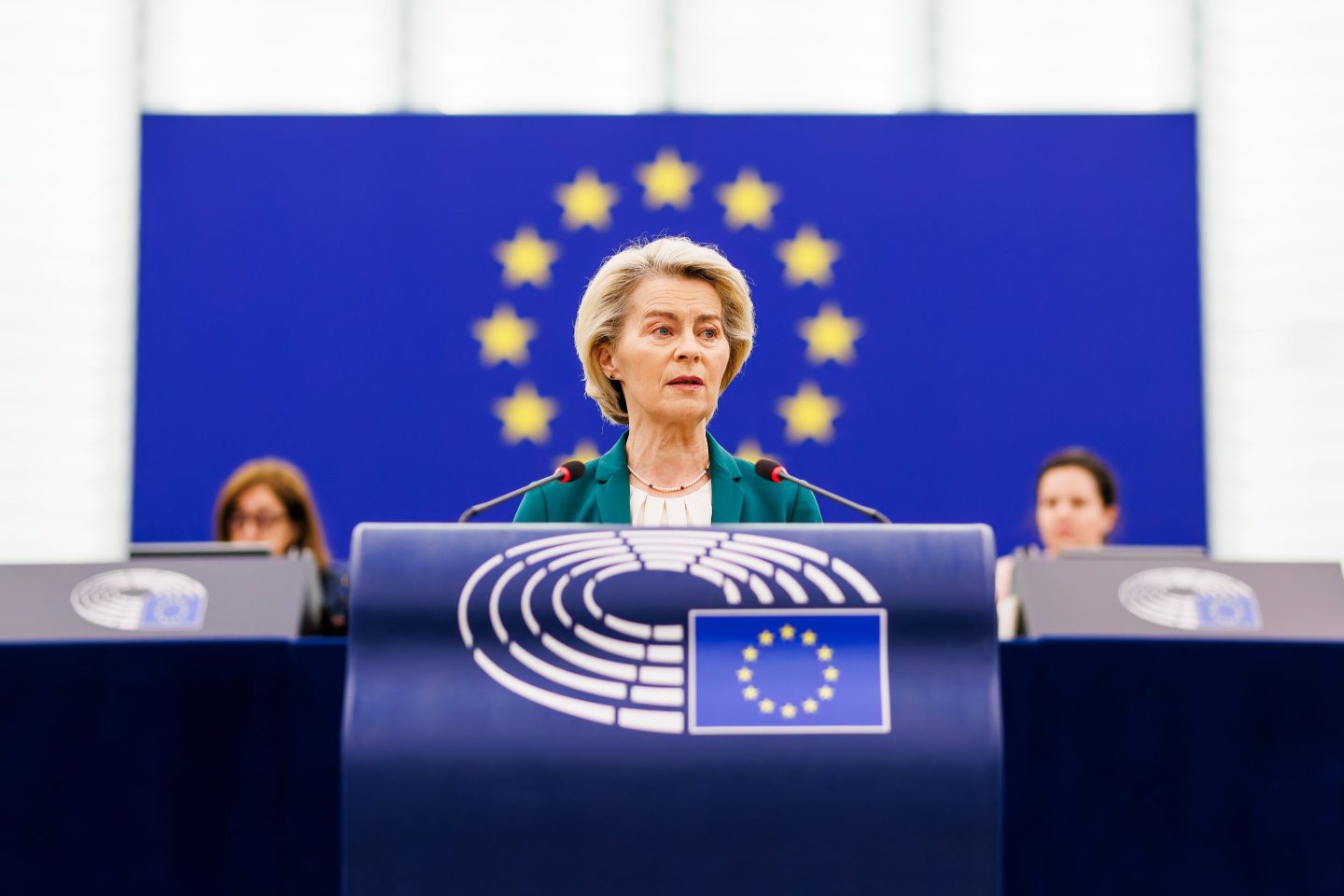 Ursula von der Leyen, President of the European Commission, speaks in the European Parliament building on July 8, 2025