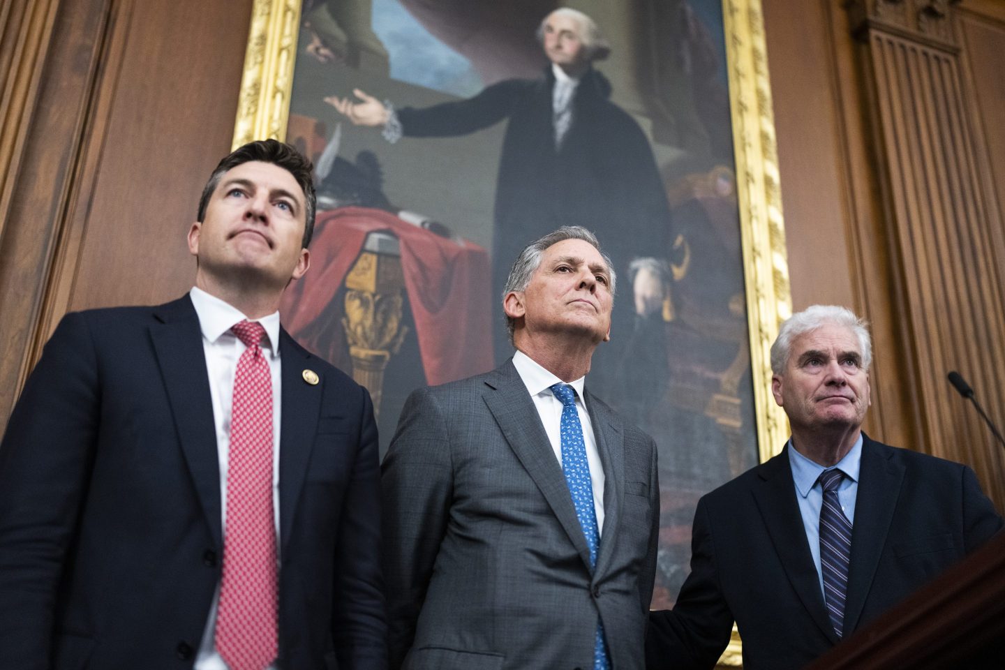 From left, Reps. Bryan Steil, R-Wis., French Hill, R-Ark., and House Majority Whip Tom Emmer, R-Minn., conduct a news conference after the House passed the Guiding and Establishing National Innovation for U.S. Stablecoins (GENIUS) Act, in the U.S. Capitol on Thursday, July 17, 2025.