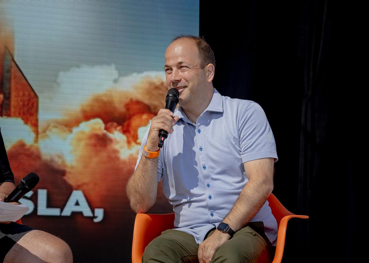 Lars Moravy, vice president of vehicle engineering at Tesla Inc., speaks at the "X Takeover" event in San Mateo, California, on Saturday.
