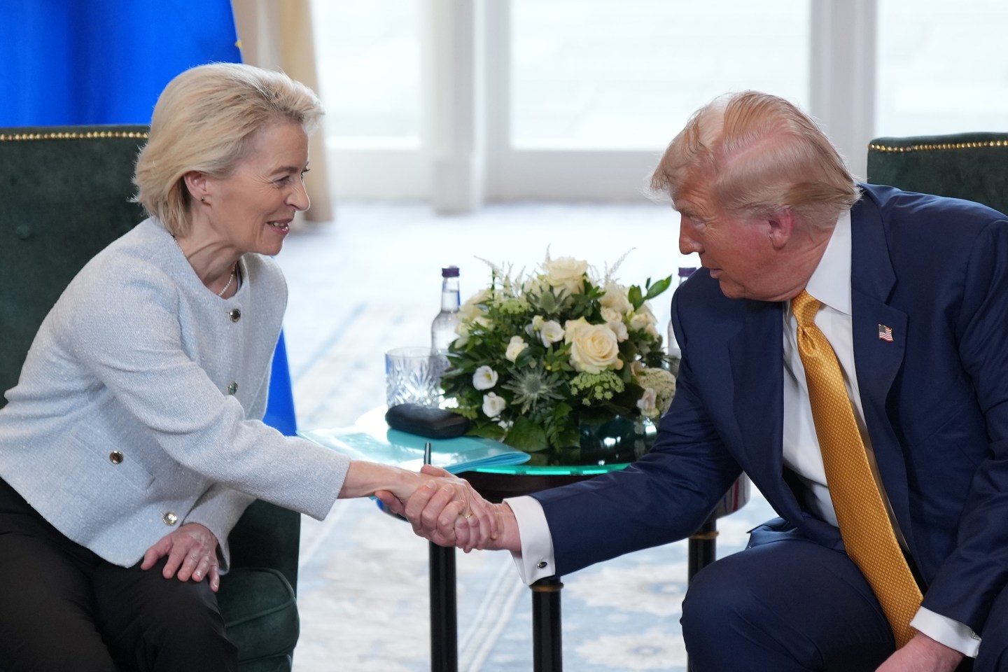 Photo: TURNBERRY, SCOTLAND - JULY 27: President of the European Commission Ursula von der Leyen shakes hands with U.S. President Donald Trump during a meeting at Trump Turnberry golf club on July 27, 2025 in Turnberry, Scotland. U.S. President Donald Trump is visiting his Trump Turnberry golf course, as well as Trump International Golf Links in Aberdeenshire, during a brief visit to Scotland from July 25 to 29.