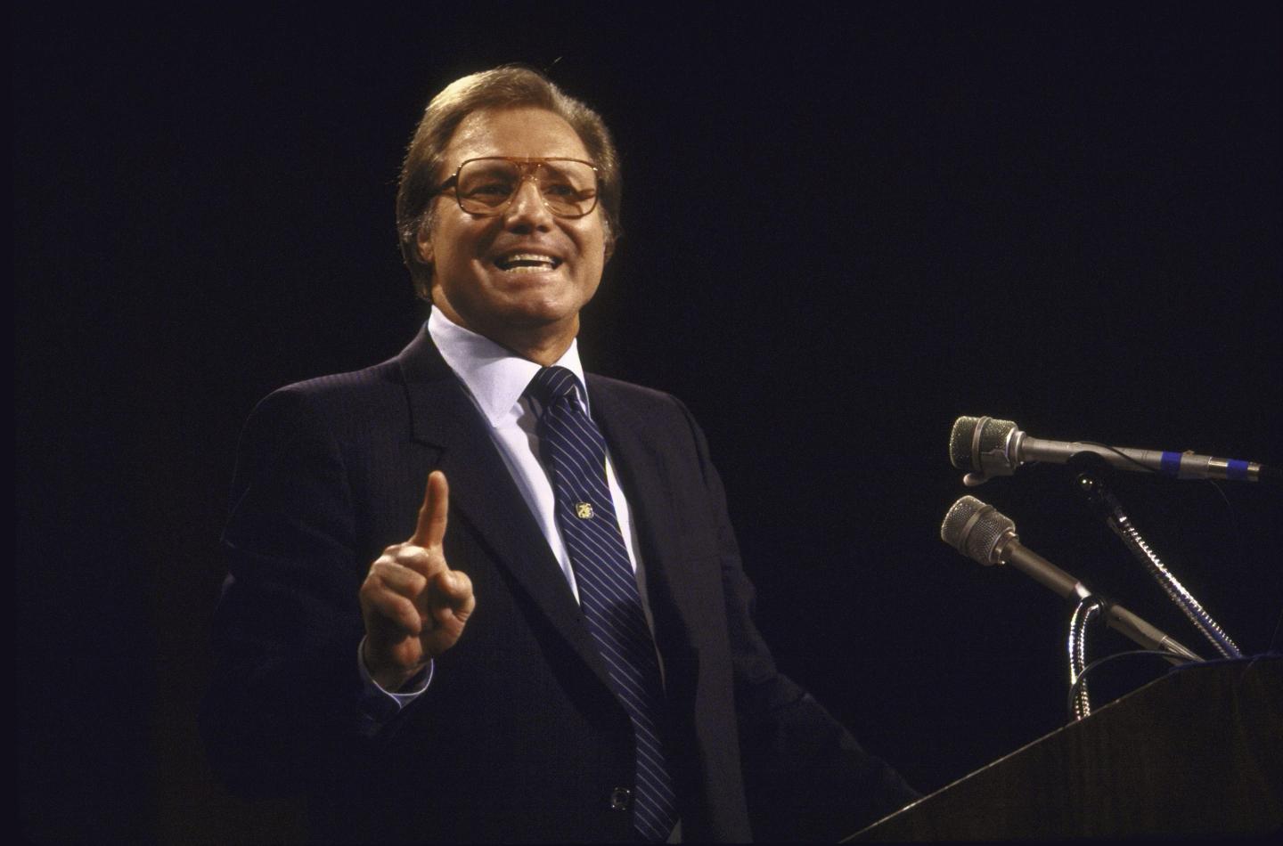 Pentacostal preacher Jimmy Swaggart speaking at convention of religions broadcasters