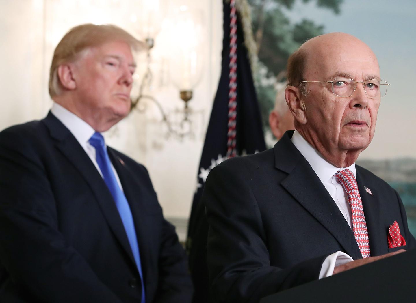 Former Commerce Secretary Wilbur Ross (R) speaks before U.S. President Donald Trump