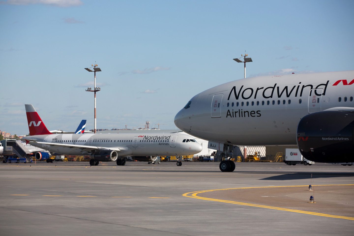 Passenger jets operated by Nordwind Airlines taxi at Sheremetyevo International Airport OAO in Moscow, Russia, on June 1, 2018.
