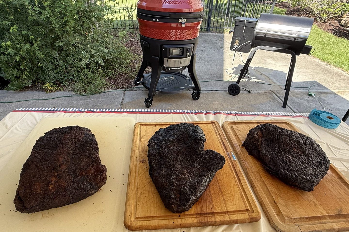Three briskets on a table