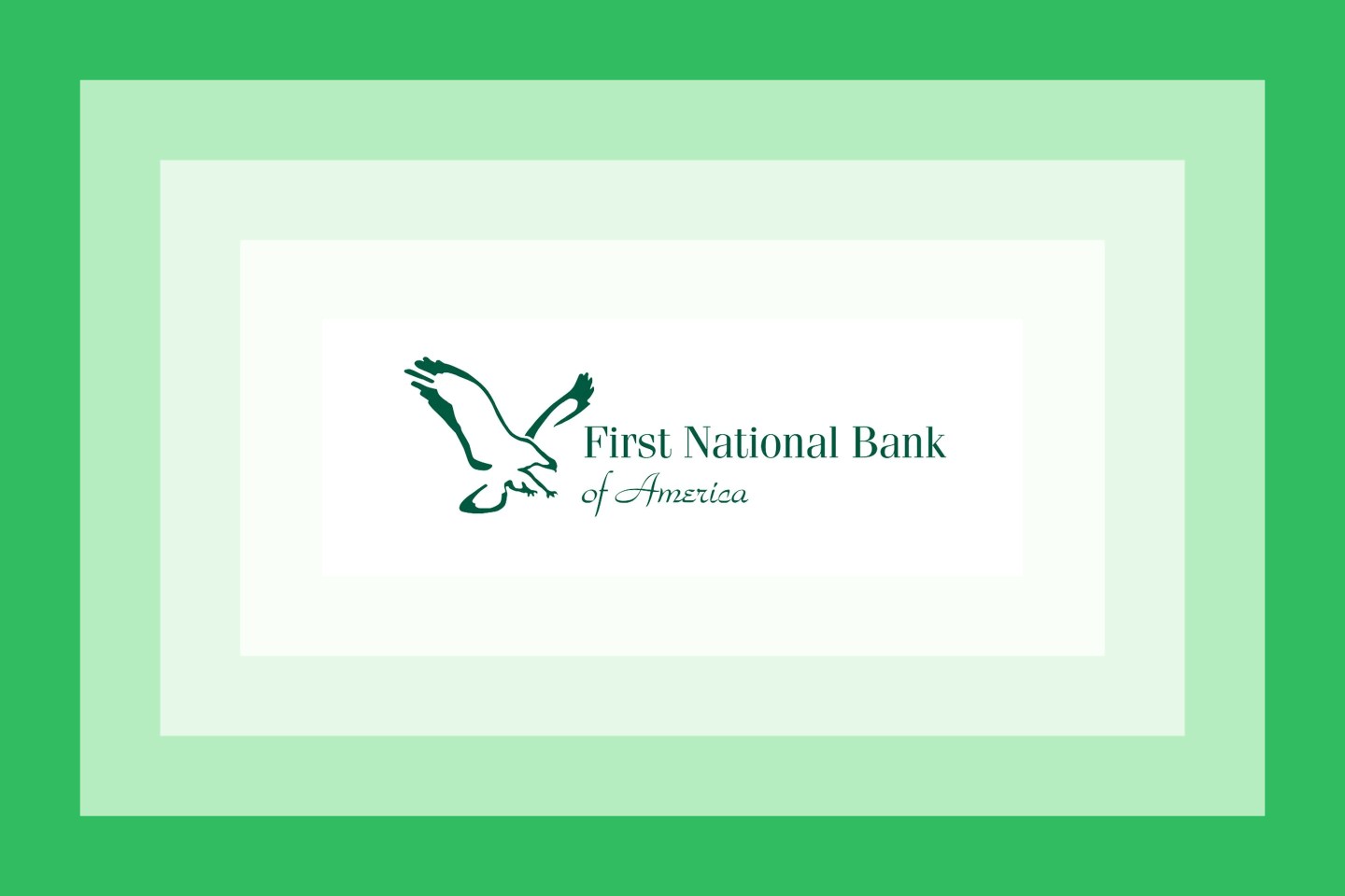 The First National Bank of America logo on a green layered background.