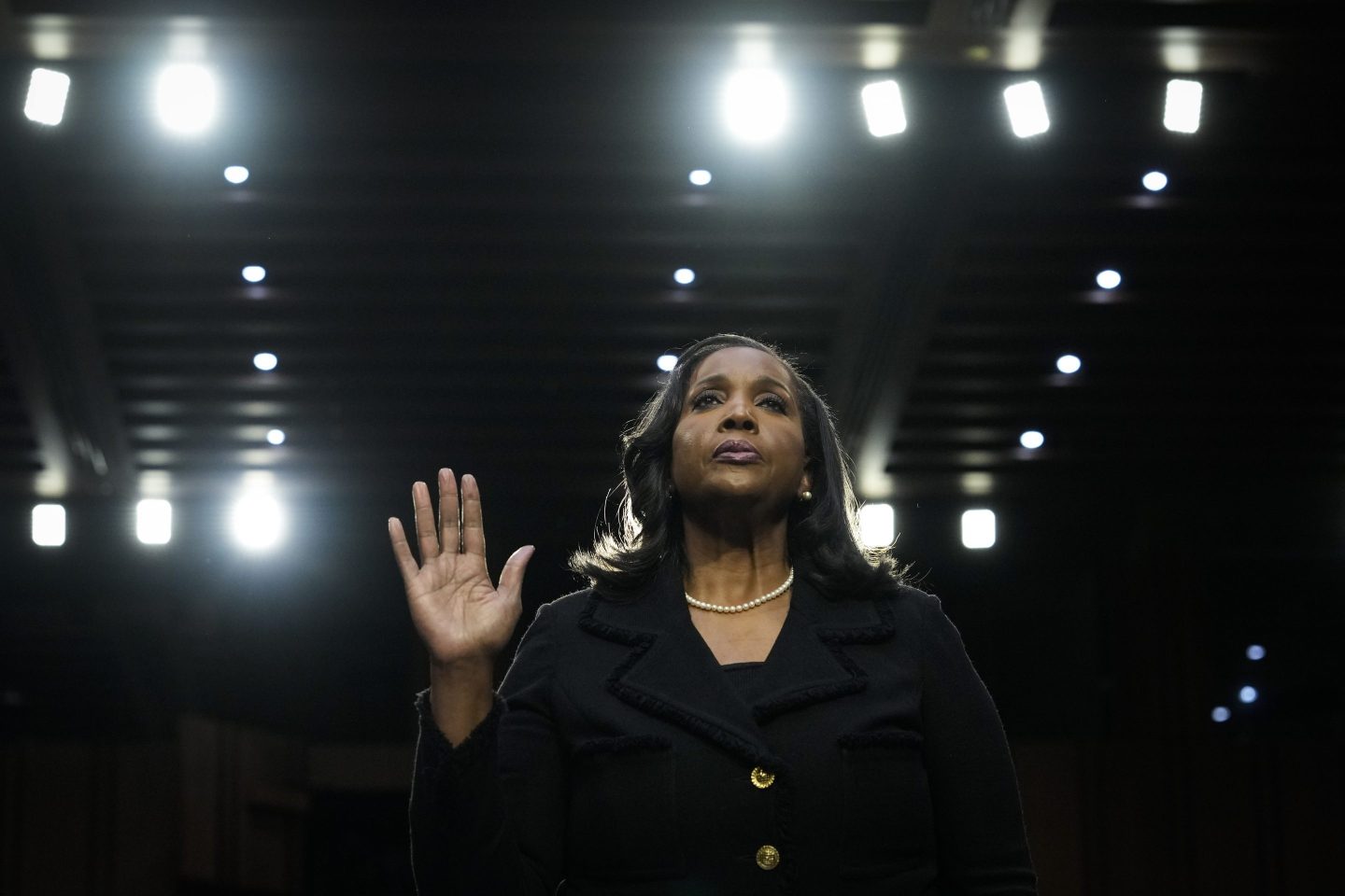 Lisa DeNell Cook, nominee to be a member of the Board of Governors of the Federal Reserve System, is sworn in during a Senate Banking nominations hearing on June 21, 2023 in Washington, DC.