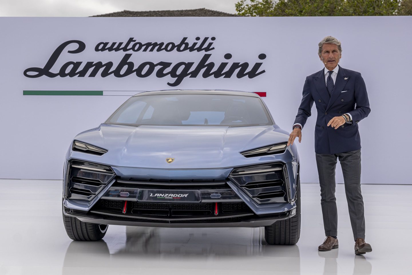 Stephan Winkelmann, chairman and CEO of Lamborghini, alongside a Lanzador electric concept in Carmel, Calif., August 2023.