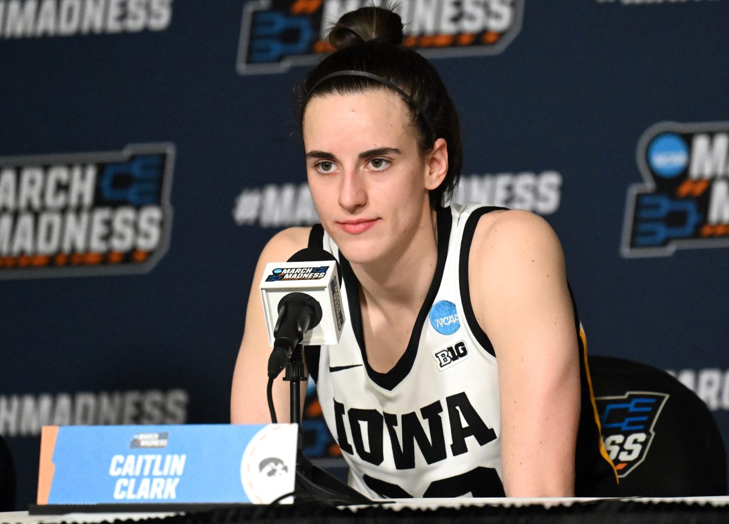 Iowa guard Caitlin Clark (22) as seen during a post-game press conference after the West Virginia Mountaineers game versus the Iowa Hawkeyes in the second round of the NCAA Division I Women's Championship.