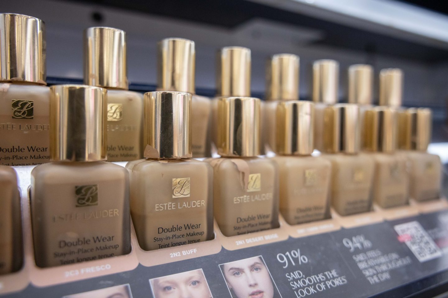 A row of Estee Lauder's famous double-wear foundation.