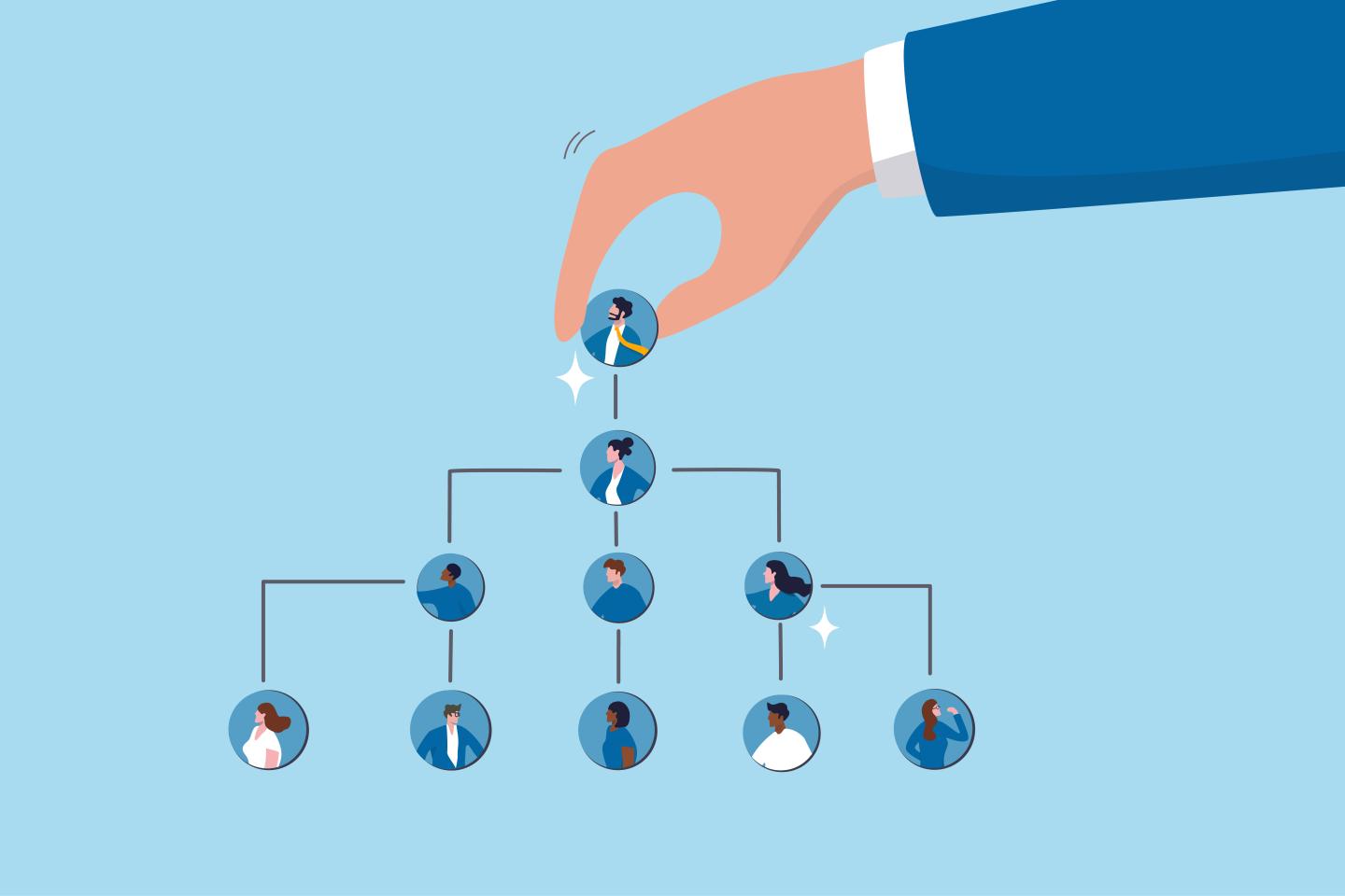 Illustration of a company org chart with a hand reaching out to touch the top figure.