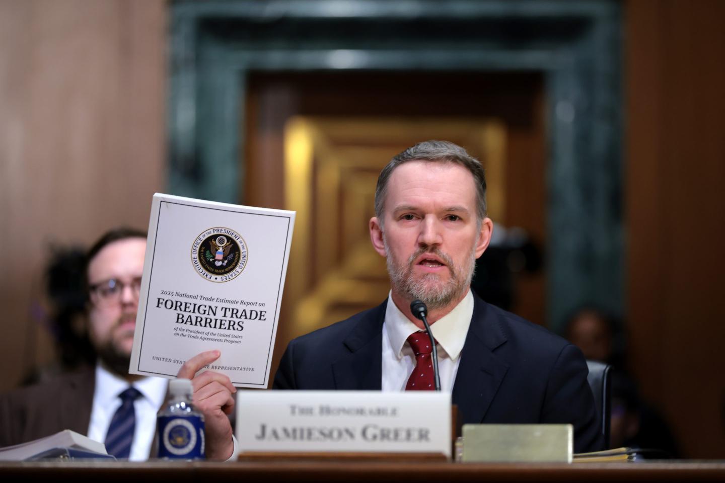U.S. Trade Representative Jamieson Greer testifies before the Senate Finance Committee on April 8.