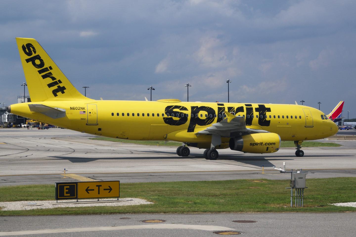 A Spirit Airlines plane on the tarmac