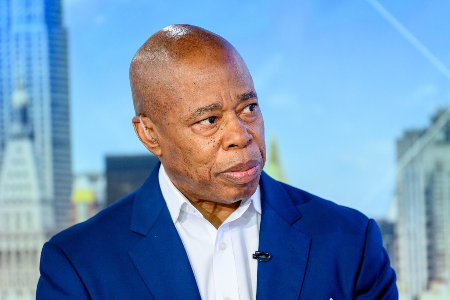 New York City Mayor Eric Adams looks at the camera on "Mornings With Maria" with host Cheryl Casone at the Fox Business Network Studios on July 08, 2025 in New York City.
