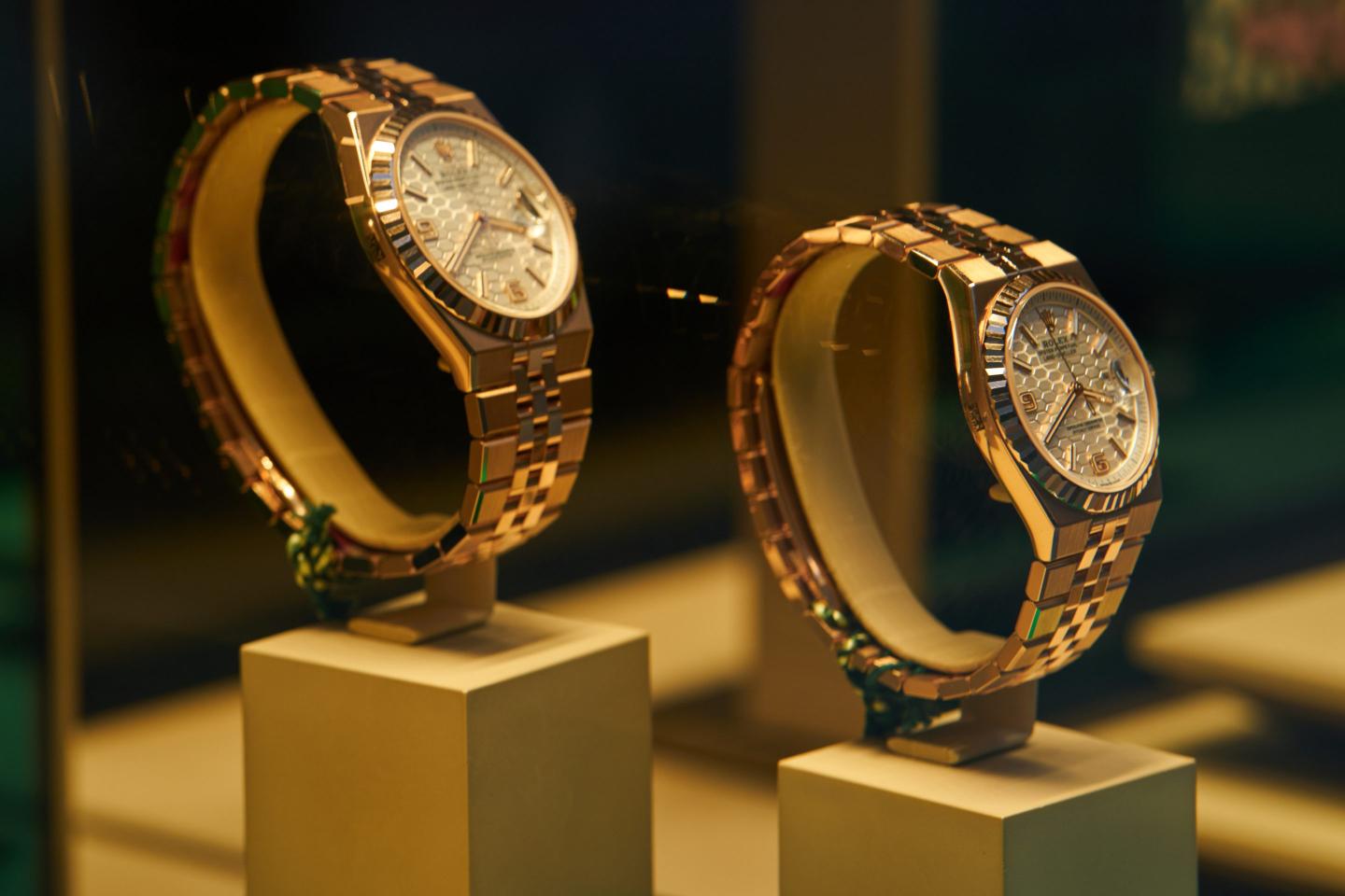 Rolex Land-Dweller watches displayed in a window