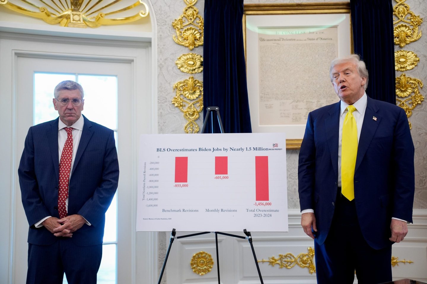 Stephen Moore stands next to a chart, and Donald Trump, during a press conference held in the Oval Office
