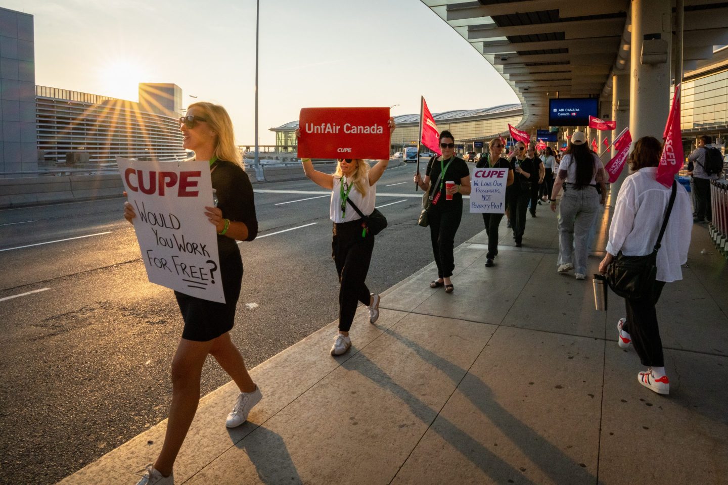 Air Canada flight attendants and supporters during a strike at Toronto Pearson International Airport in Mississauga, Ontario, Canada, on Saturday.