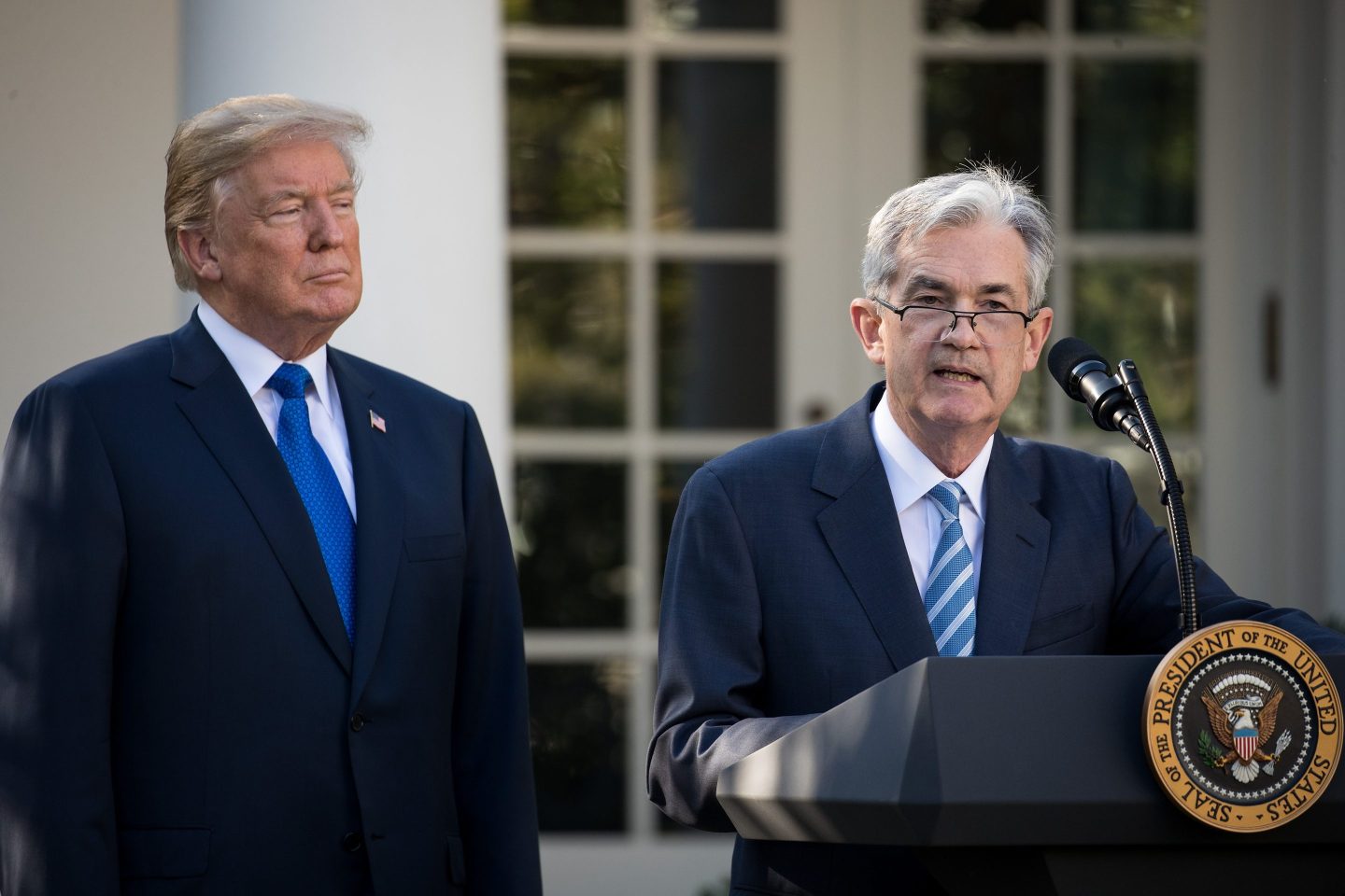 U.S. President Donald Trump looks on as his then-nominee for the chairman of the Federal Reserve Jerome Powell speaks during a press event in the Rose Garden at the White House, November 2, 2017 in Washington, DC.
