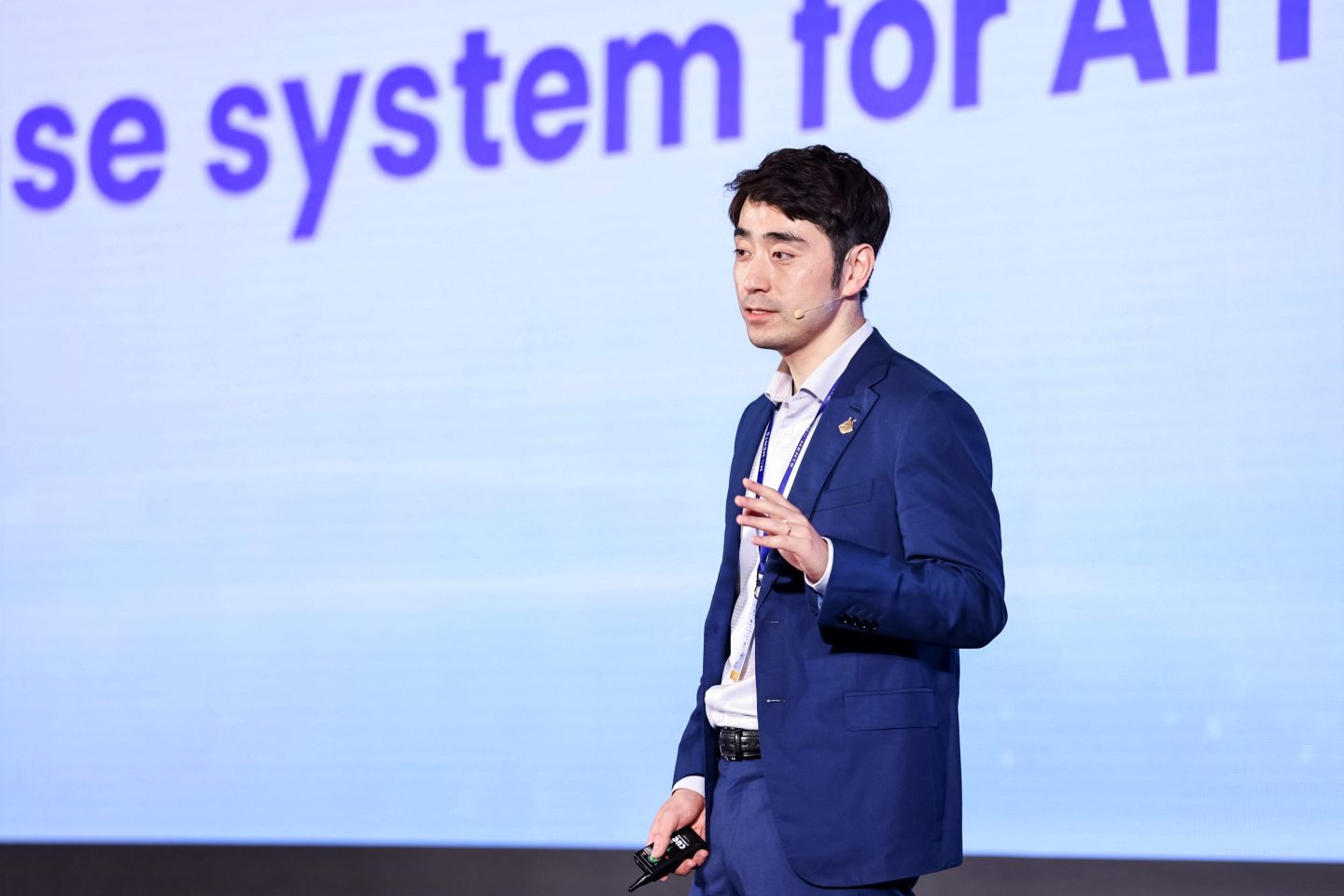 Tianyi Zhang, general manager of global risk management and cybersecurity at Ant International, speaking at a partner conference in Hong Kong, on April 30, 2025.