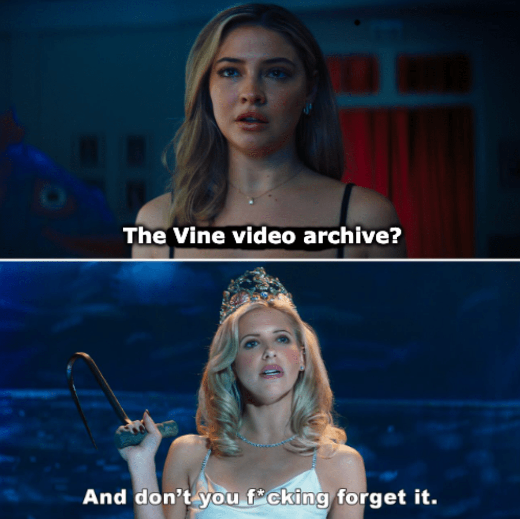 A meme featuring a two-panel still from the 2025 film "I Know What You Did Last Summer" with the captions, "The Vine video archive?" and "And don't you f*cking forget it."