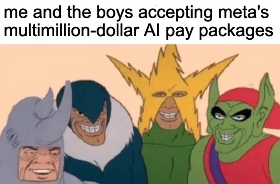A still from the 1967 animated TV series "Spider-Man" showing characters Rhino, Vulture, Electro, and Green Goblin smiling with the caption "me and the boys accepting meta's multimillion-dollar AI pay packages"