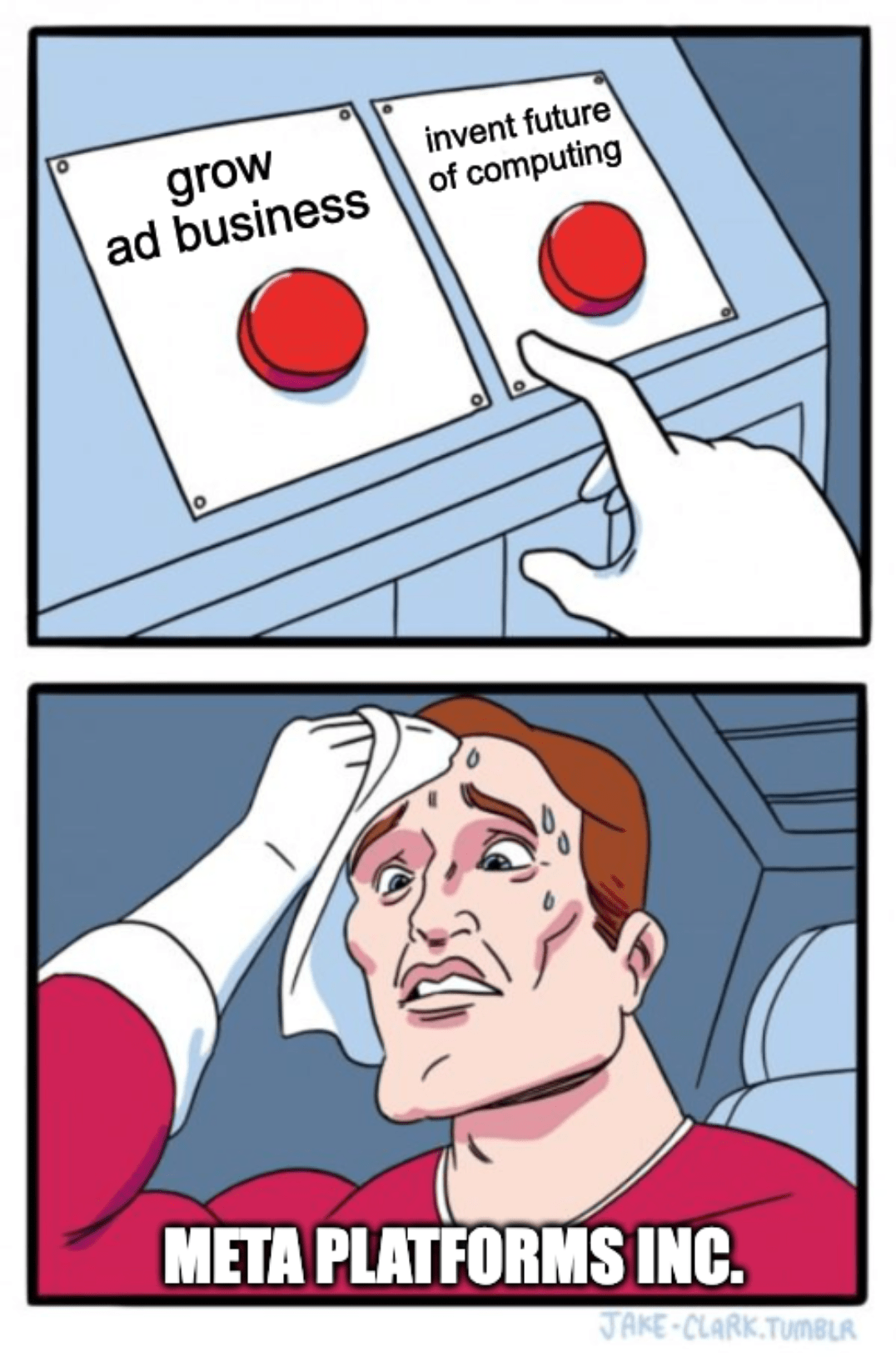 A "two buttons" format meme with a man labeled Meta Platforms choosing between "grow ad business" and "invent future of computing"