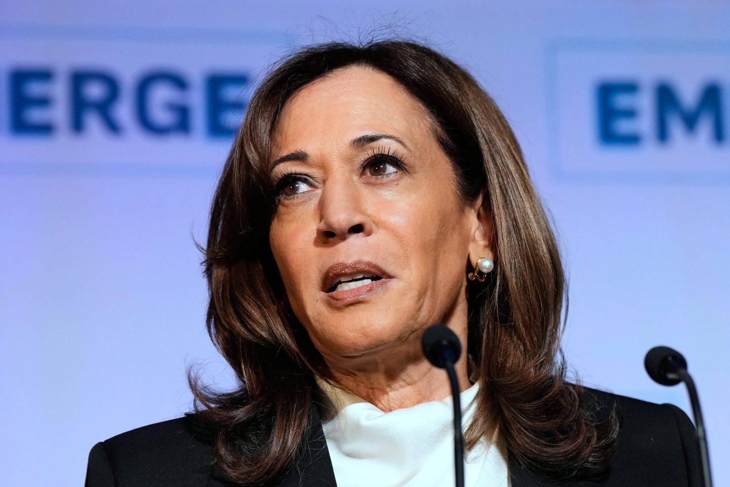 Former Vice President Kamala Harris delivers the keynote speech at the Emerge 20th Anniversary Gala in San Francisco, April 30, 2025.