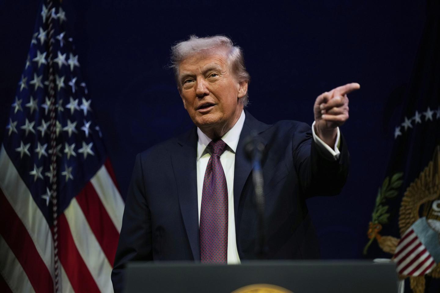 President Donald Trump, with a black background behind him, speaks at a hearing of the Religious Liberty Commission at the Museum of the Bible, Monday, Sept. 8, 2025, in Washington.