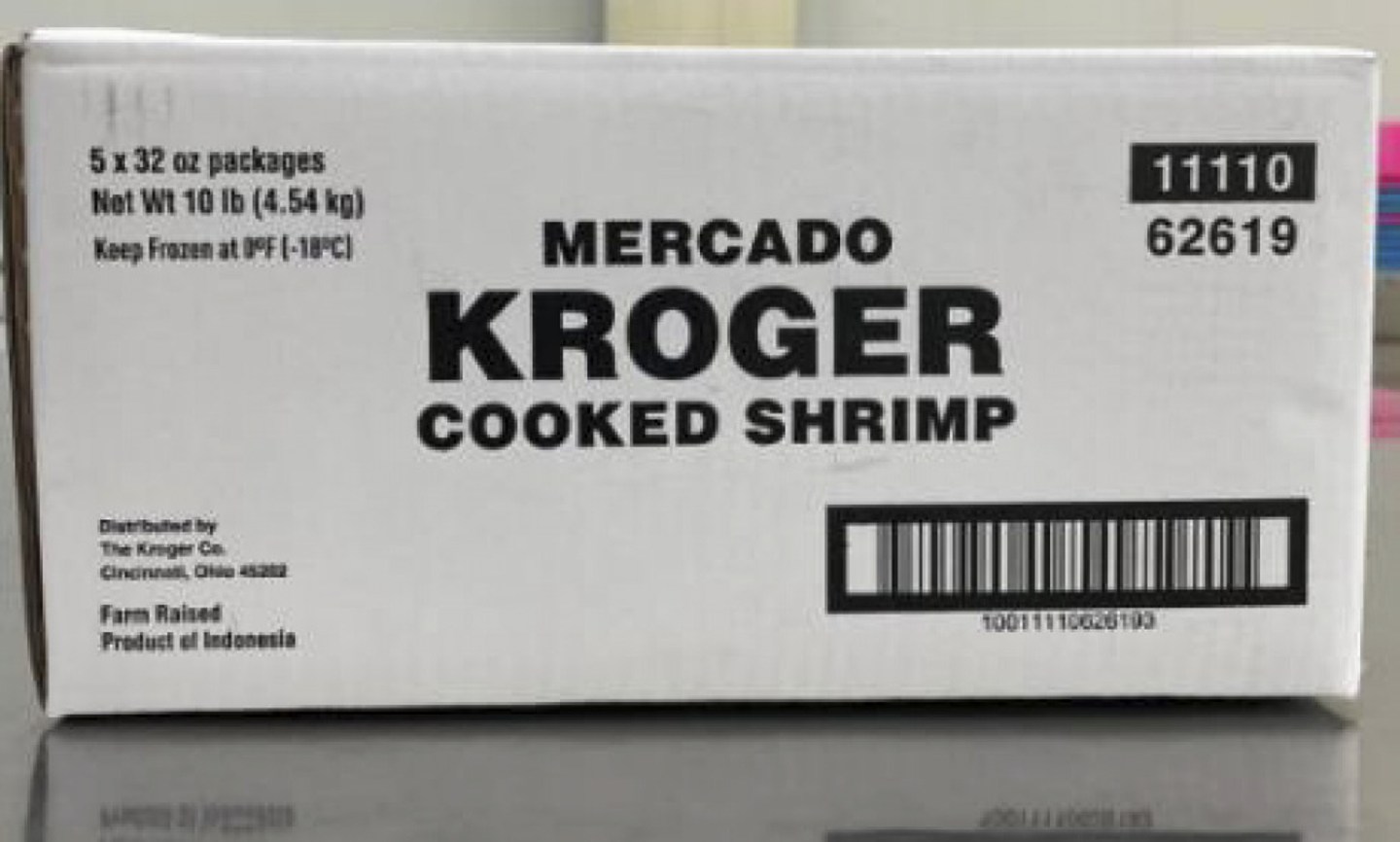 This undated photo released by the U.S. Food and Drug Administration, FDA, shows a product label for Kroger Mercado Cooked Medium Peeled Tail-Off Shrimp.